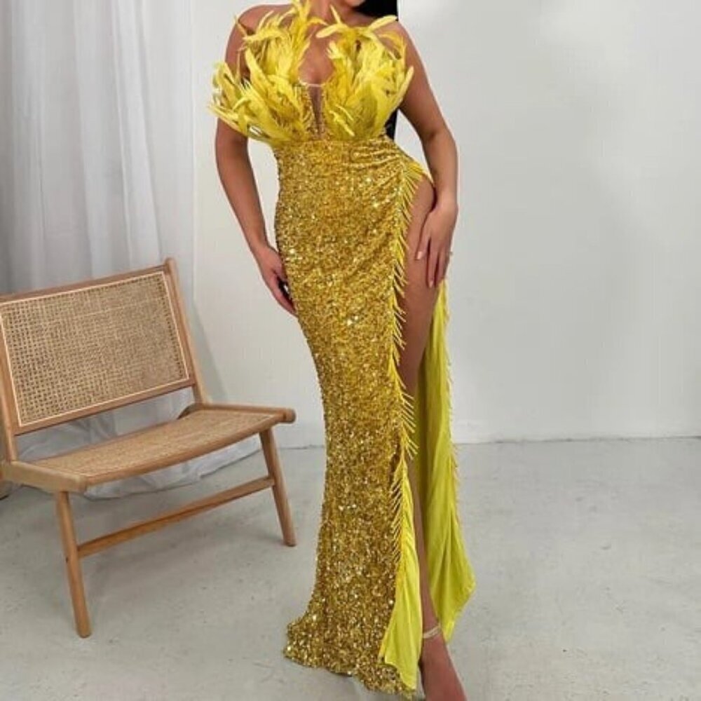 NWT Fashion Nova Luxe feather trim strapless sequin square neck maxi gown